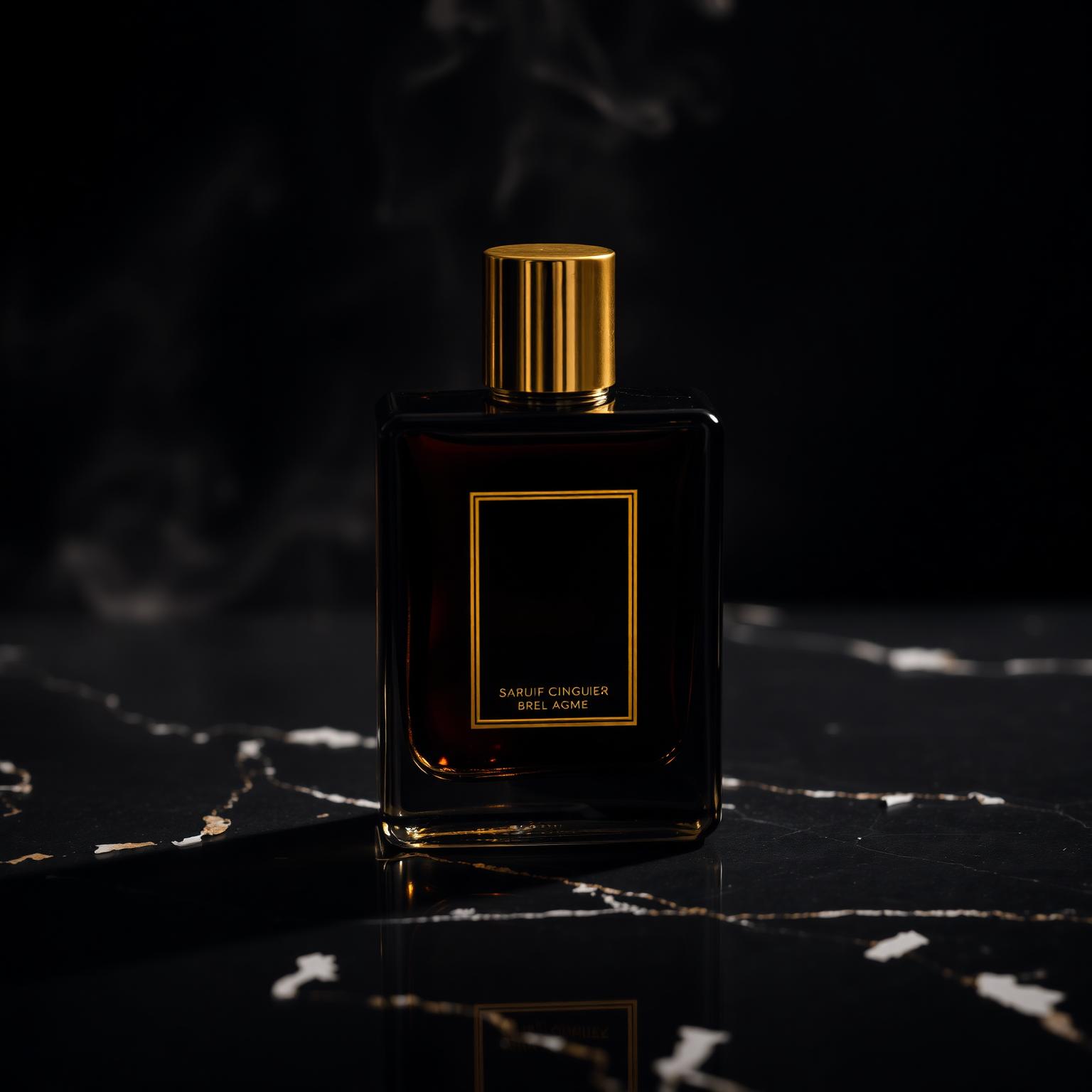 Dark amber cologne bottle on black marble